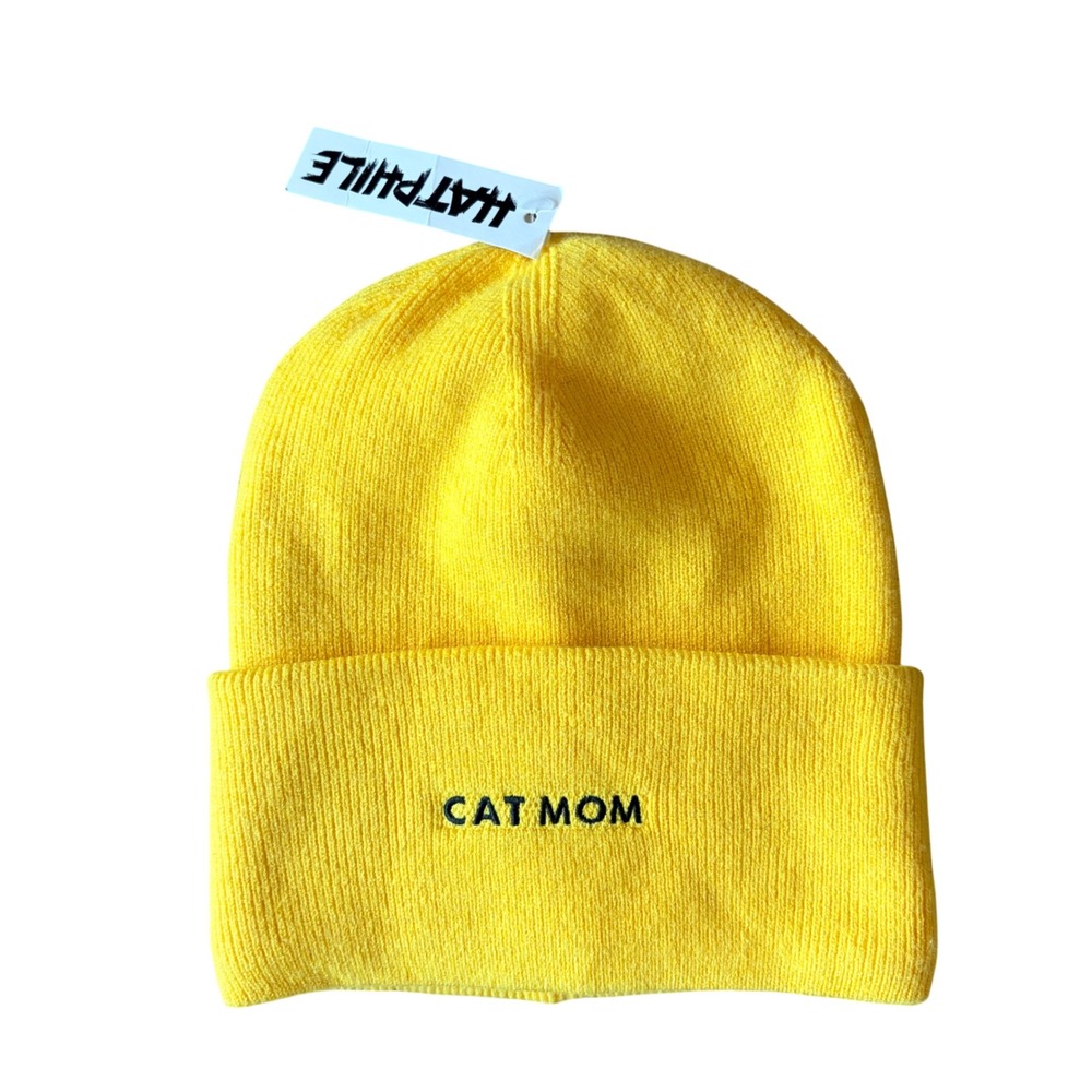 Hatphile Yellow CAT MOM Knit Beanie Hat Fall Winter Outerwear One Size NEW NWT